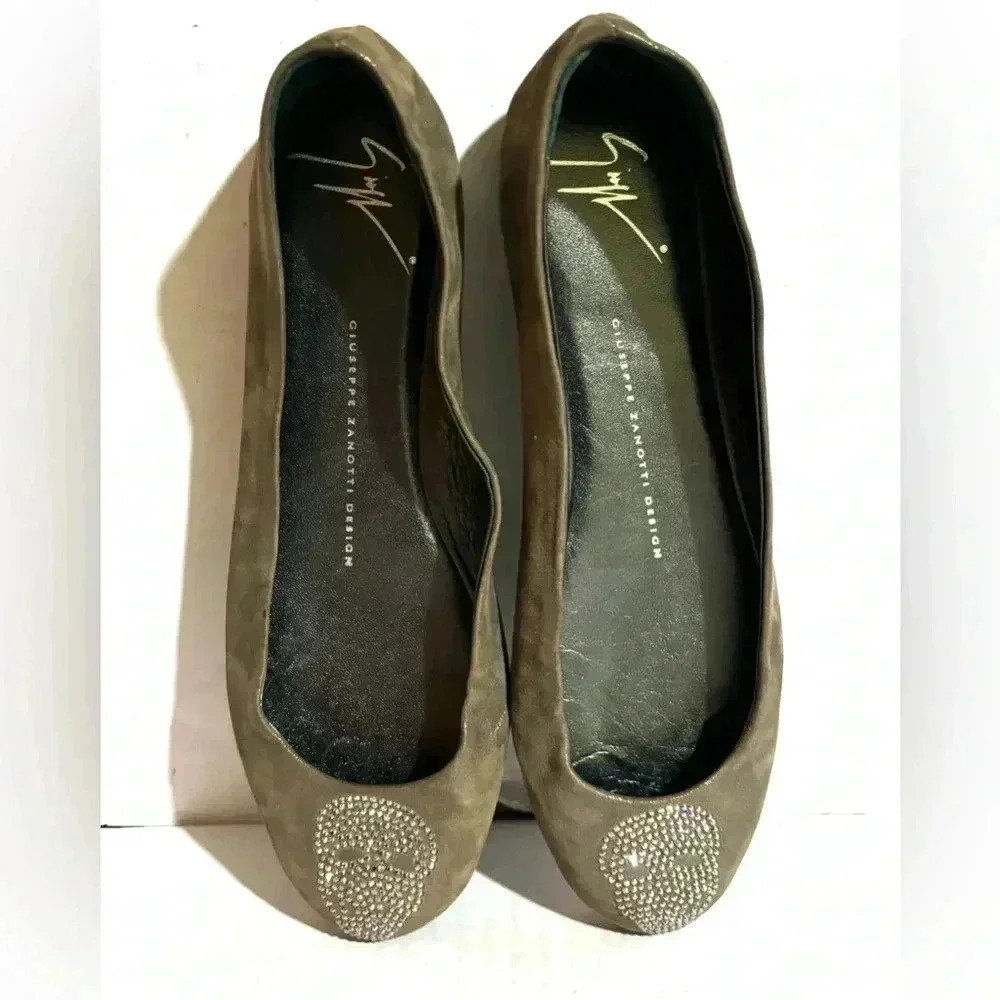 Giuseppe Zanotti gray green studs flat suede EU 36.5 some scratches creasing